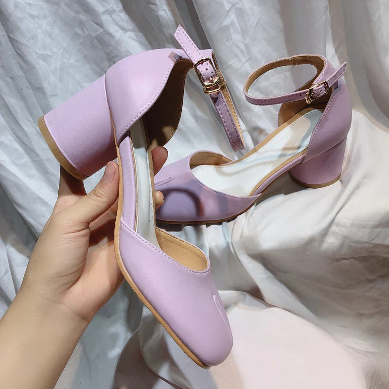 vzyzv -  New Purple Women Tabi Shoes Split Toe Female Chunky High Heel Pumps Ankle Wrap Designer Summer Sandals Mary Janes Big Size