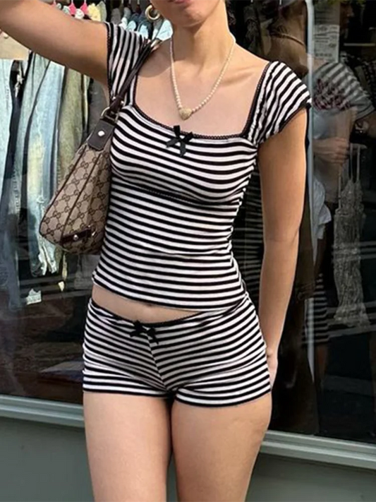 vzyzv  -  Stripe Contrasting Shorts Sets For Women 2 Pieces Square Neck Spliced Bow Tank Top Casual Y2K Slim Outfit Streetwear