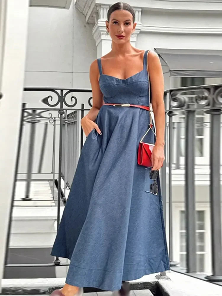 vzyzv  -  Vintage Blue Denim High Waist Maxi Dress Women Elegant Square Neck Loose Long Dresses  Fashion Party Commute Streetwear Robe