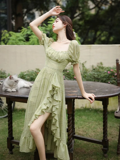 nvxiot  -  French Style Summer Women Green Fairycore Dress Square Collar Solid Sweet Travel Holiday Dress Stylish Ruffles Feminine Dresses