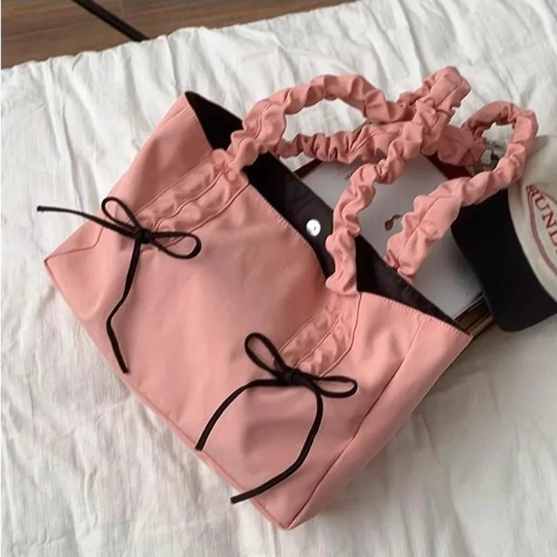 vzyzv  -  Pink Pleated Womens Tote Bag Nylon Sweet Elegant Gentle Literary Casual Shoulder Bag Aesthetic New Korean Fashion Handbag