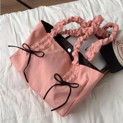 vzyzv  -  Pink Pleated Womens Tote Bag Nylon Sweet Elegant Gentle Literary Casual Shoulder Bag Aesthetic New Korean Fashion Handbag