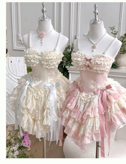 vzyzv -  Fairy Spring and Summer Lace Romantic Atmosphere Slimming Dress Pink Apricot Ruffled Tube Top Mini Princess Dresses for Party