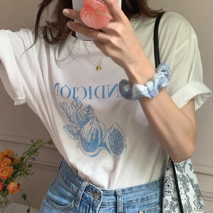 vzyzv  -  Summer Korean Chic Women T-Shirt  Ladies Simple All Match Fig Print Loose Round Neck Slim Casual Short-Sleeved Y2k Top