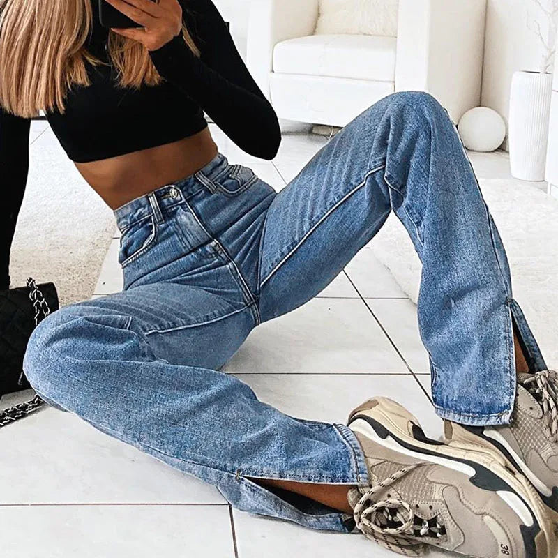 TAVIMART  -   Y2k Retro High Waist Jeans Women Casual Sexy Chic Fitting Split Feet Hem Trousers Fashion Solid Color Straight Pants Pantalones