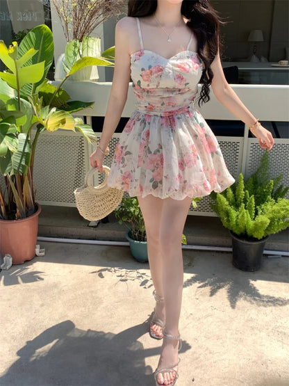 nvxiot  -  Countryside Mini Dress Prarie Pleated Waist Rose Floral Camisole Dress Women Summer Trendy A-line Short Sweet Minni Fluffy Dress