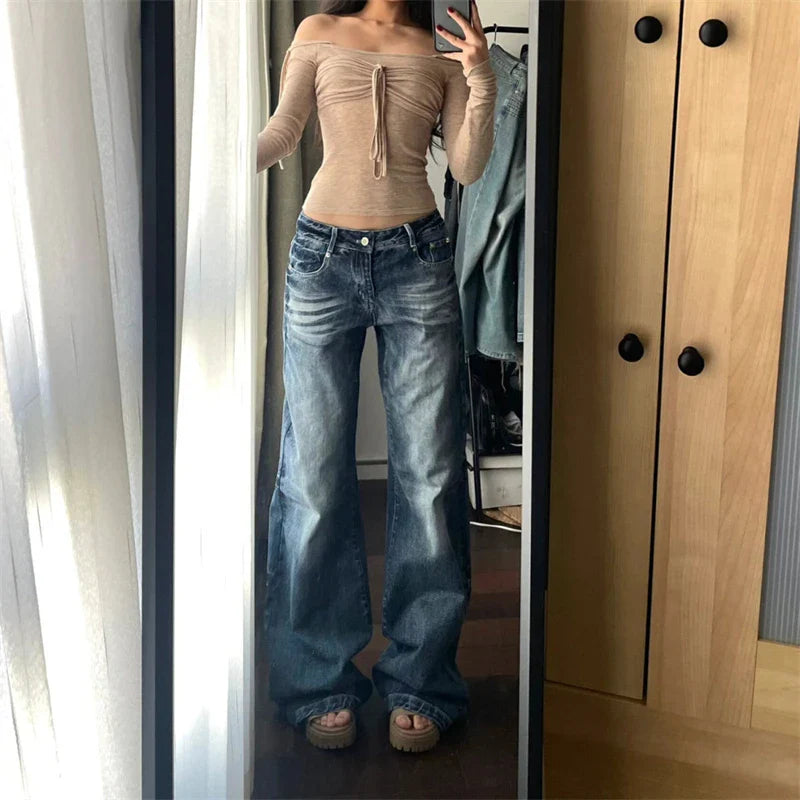 vzyzv  -  Women's Retro Wide Leg Washed Blue Jeans Summer New Cool Girl Straight Bottoms Vintage Casual Trousers Female Mid-Waisted Pants