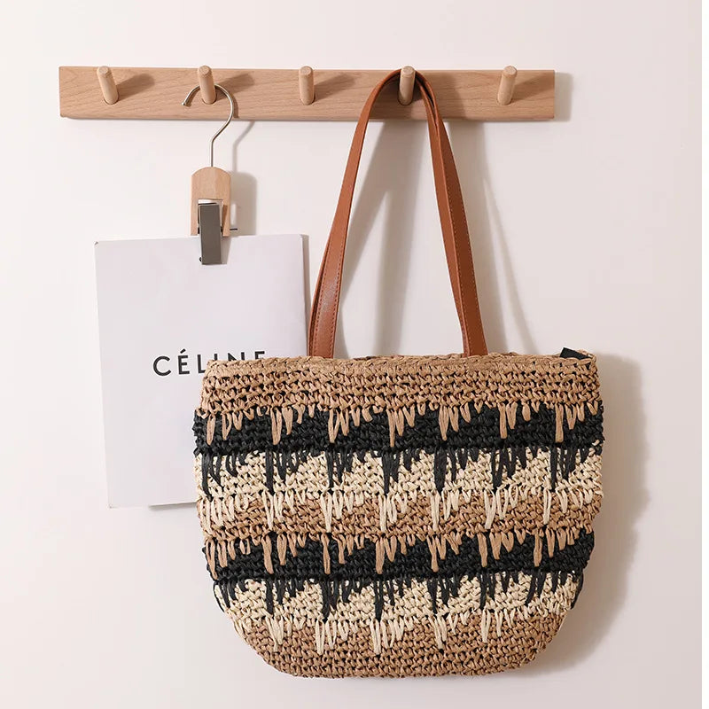 vzyzv -  New One Shoulder Grass Woven Bag Contrast Color Handmade Large Capacity Beach Vacation Leisure Summer Women's Bag