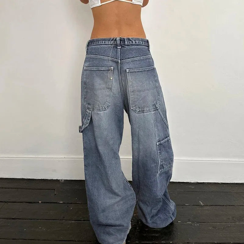 vzyzv  -  Retro Street Style Wide Leg Jeans Women Bleached Ripped Hole Loose Denim Pants Casual Do Old Oversized Trousers Pockets