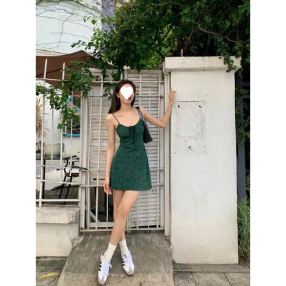 nvxiot  -  Dark Green Retro Floral Dress for Women Spring/summer French High Waisted Slim Fit Sleeveless Suspender Spicy Girl Short Skirt