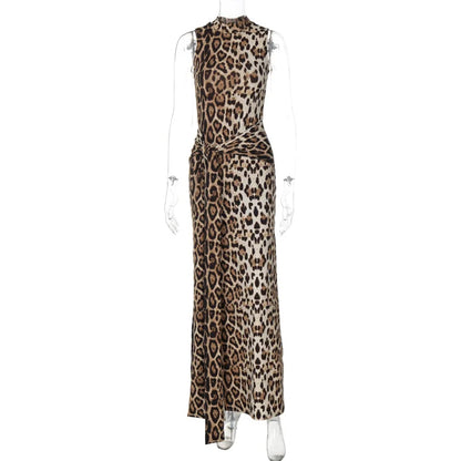 vzyzv  -   Woman Elegant Leopard Print Bandage Long Dress  Summer Sexy O-neck Sleeveless Tunics Bodycon Slit Evening Party Dresses