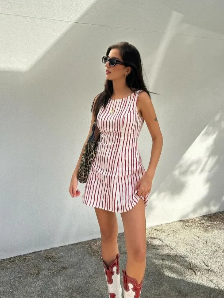 vzyzv -  Fashion Solid Pink Stripe Mini Dress Women Sexy O Neck Sleeveless Short Sundress 2024 Summer Casual Female Beach Street Robes