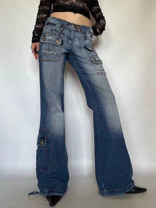 vzyzv  -  Vintage Blue Wash Loose Straight Flare Jeans Korean Chic Pockets Slim Denim Y2k Streetwear Low Waist Trousers All-match