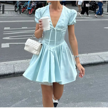 vzyzv  -  Women Elegant Satin Solid Lace Up Pleated Hem Dresses Chic V-neck High Waist A-line Mini Dress 2024 New Lady Evening Party Prom