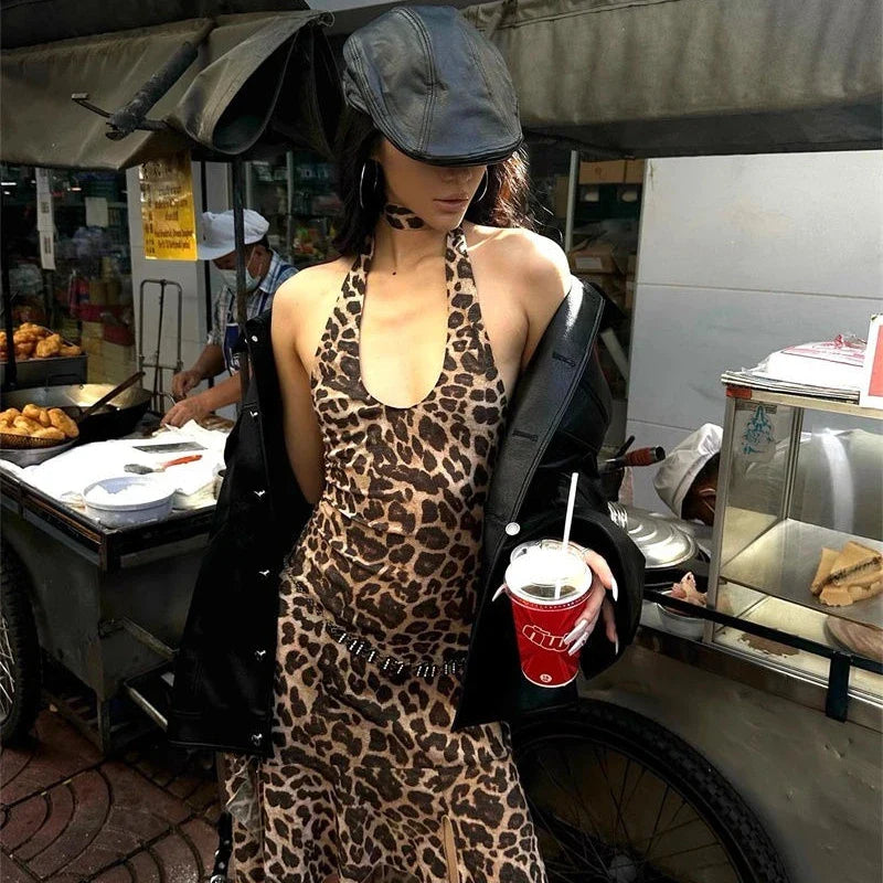 nvxiot  -  Leopard Printed Sexy Woman Dresses Vintage Mini Backless Y2k Dress Short Streetwear Party Female Fashion Hotsweet Chic