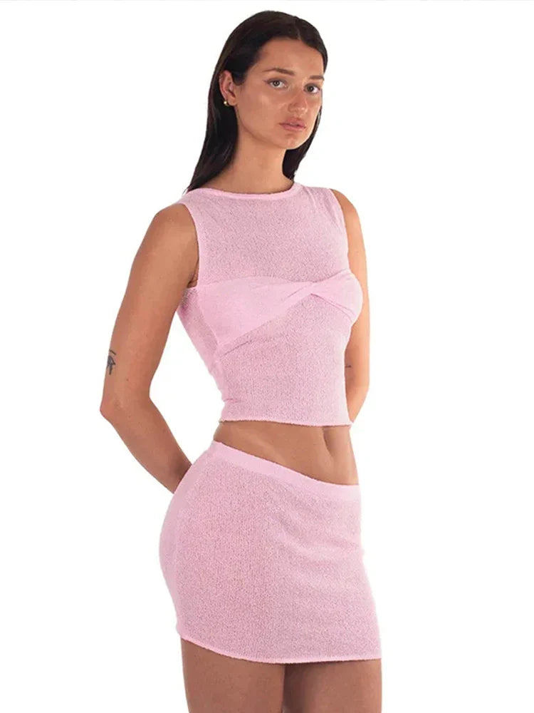 vzyzv -  Sexy Knit Skirt Two Piece Set Women O-neck Crop Tops Fashion Mini Skirts Beach Suit  New in Matching Sets Y2K Streetwear