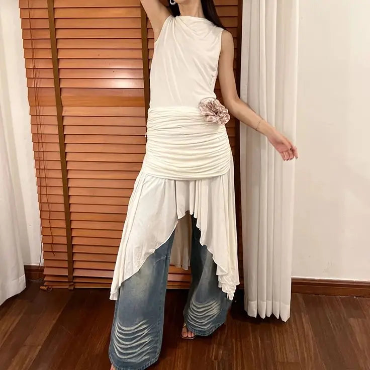 vzyzv  -  Women White Sleeveless A-line Dress Y2k 90s Korean Vintage Harajuku Evening Dress Party Club One Piece Frocks 2000s Clothes 2024