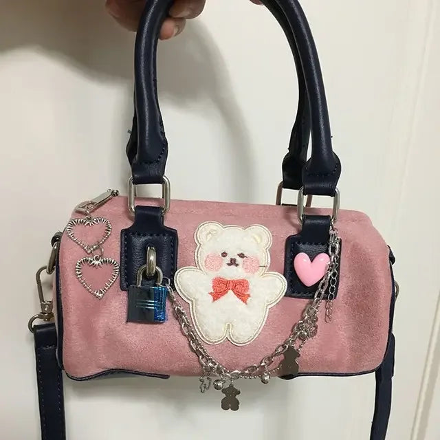 vzyzv  -  Patchwork Bear Heart Chain Shoulder Handbags All Match Kawaii Cute Sweet Crossbody Women Bags Y2k Contrast Color Cylinder