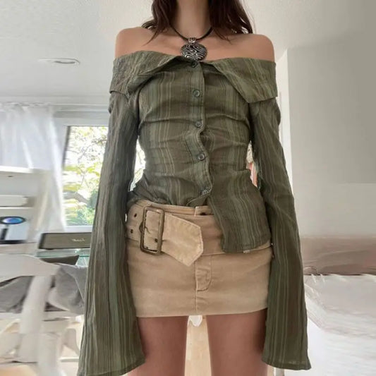 vzyzv  -  shirt Green Striped Off Shoulder Buttons Collar Shirts Vintage Y2K Aesthetic Women Fashion Korean Casual Sweet Tops Blouses