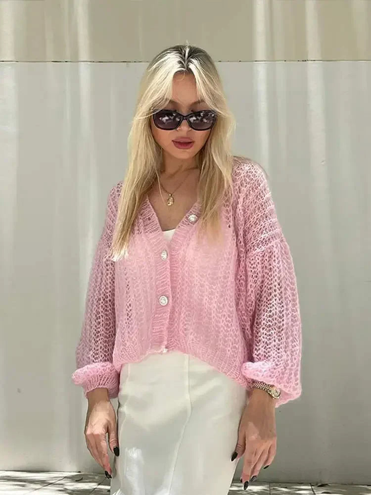 vzyzv  -  Fashion Sweet Pink Hollow Out Knitted Cardigan Women Casual Long Lantern Sleeves Single Breasted Sweater Lady Chic Knitwear