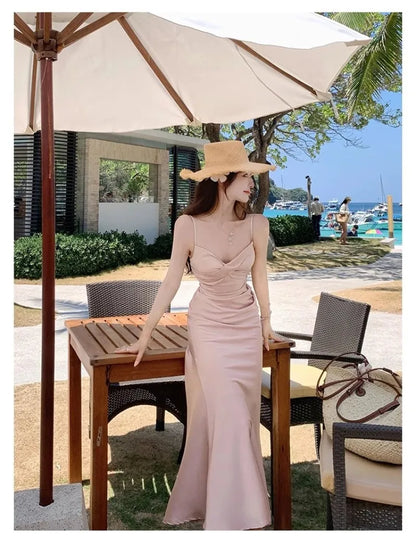 vzyzv  -  Summer Sexy Backless Satin Straps Midi Dresses for Women  Elegant Party Sleeveless Female Clothing Beach Holiday Pink New