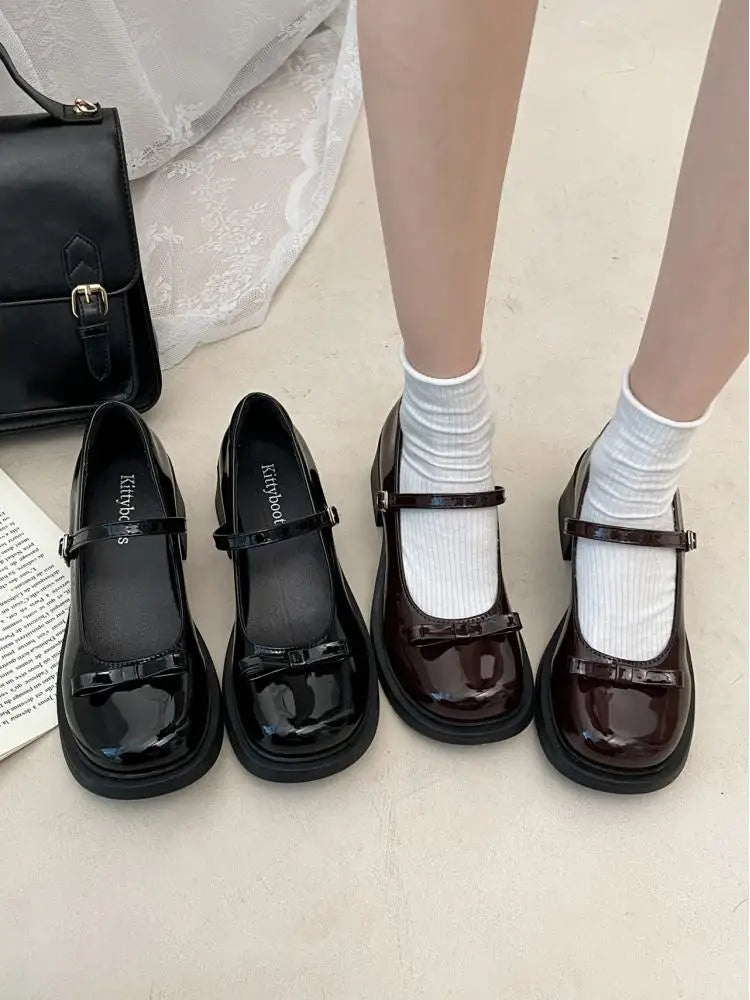 vzyzv  -  Kawaii Bowknot Round Toe Mary Jane Pu Leather Shoes Women's Retro High-heel 6cm Buckle Jk Uniform Women Shoes Tea Party