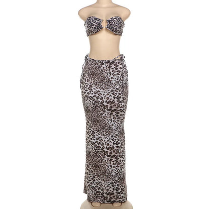 vzyzv  -  Leopard Pattern Skirts Set Strapless One Line Neck Metal Clasp Open Navel Vest High Waist Wrapped Hip Skirt Suit