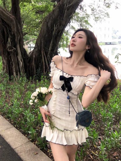 vzyzv  -  Summer Woman Short Sleeve Y2k Mini Dress Party Slim Sweet Bow Dress Casual Outwear One Piece Dress Korean Fashion Chic