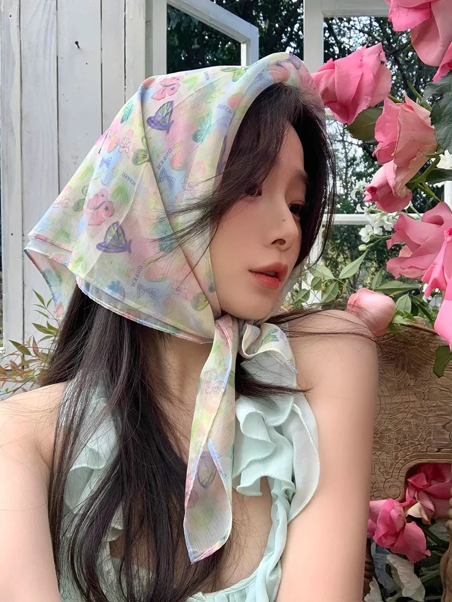 vzyzv  -  French Floral Headscarf Spring Summer Artistic Chiffon Square Scarf Beach Retro Hair Scarf Women Travel Photo  Accessories