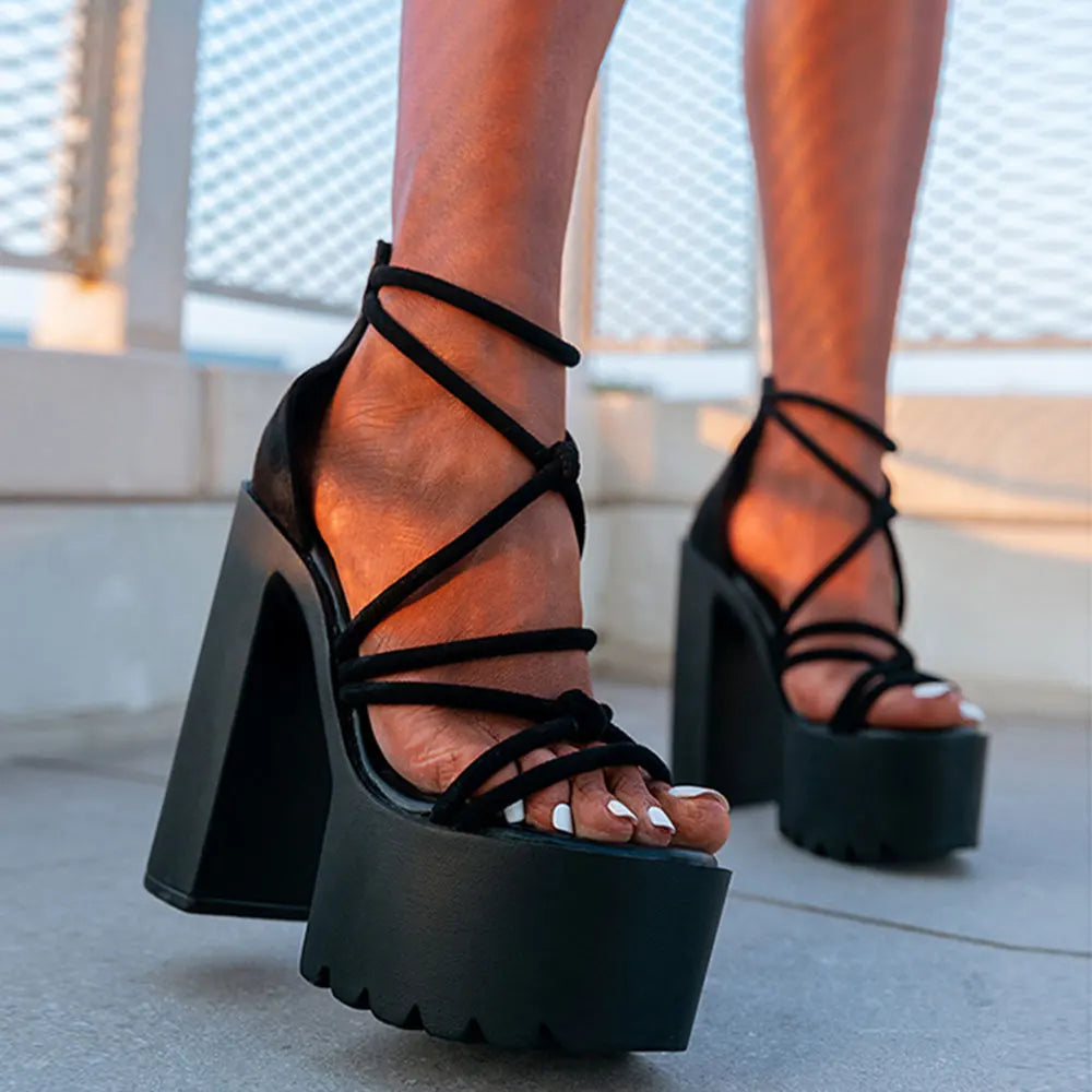 vzyzv -  New Black Summer 14cm High Block Heels Chunky Platform Sandals for Women White Cross-strap Shoes Big Size 43