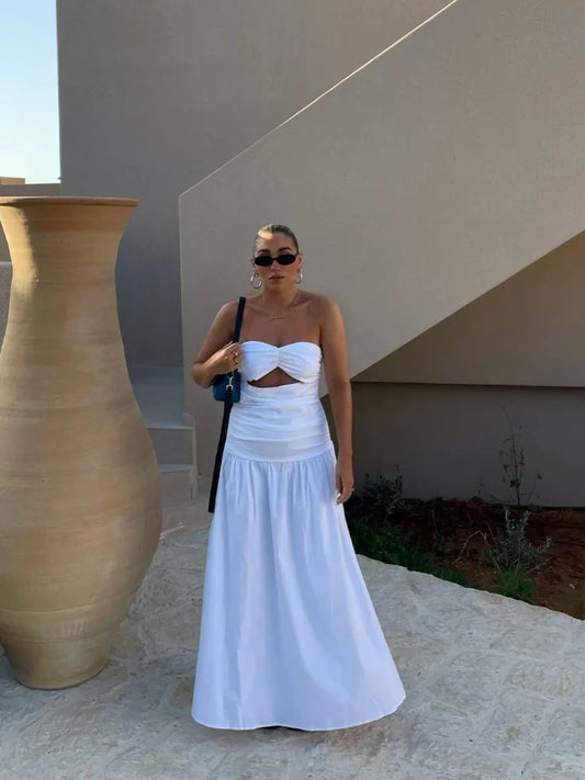 vzyzv -  Sexy Hollow Pleated Backless Corset Maxi Dress Women Off Shoulder Solid Fashion Slim Dresses 2024 Summer Chic New Beach Robes