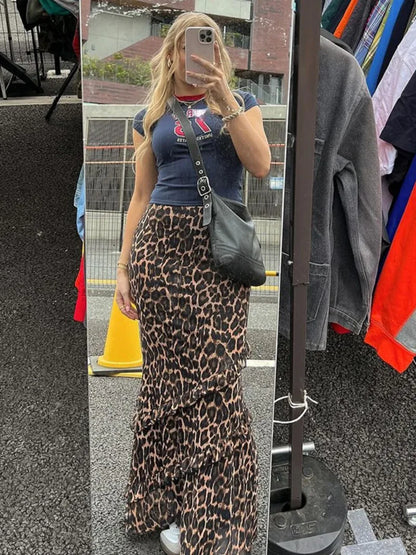 nvxiot  -  Elegant Summer Leopard Print Skirts 2024 Women's Clothing Sexy High Waist Ruffles Long Skirt Streetwear Female Mesh Long Dresses