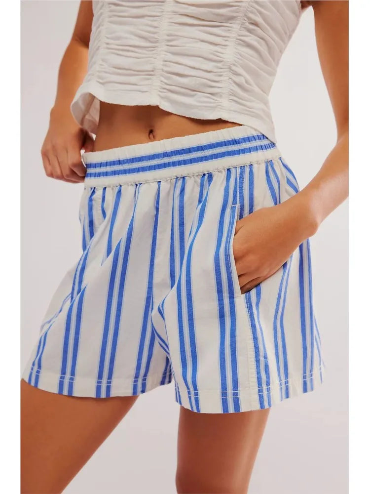 vzyzv -  Spring Summer Casual Sportwear Stripe Shorts Elastic Waist Pocket Beach Vacation Style Fashion Straight Women Shorts 2024 New