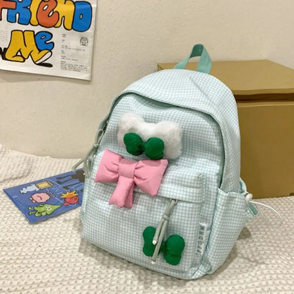 vzyzv  -  Large Capacity Cute Bowknot Backpack Solid Color Korean Style Nylon Student School Bag Lattice Lightweight