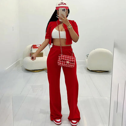 nvxiot  -  Autumn Solid Two Piece Set Women Tracksuits Short Sleeve Zipper Crop Tops Wide Leg Pants Fashion Casual Streetwear Suits