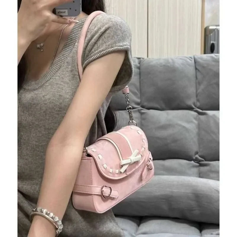 vzyzv  -  Pink Y2k Womens Shoulder Bag Elegant Fashion Casual Bow Sweet Handbags Exquisite Literary Korean Style New Aesthetic Bag