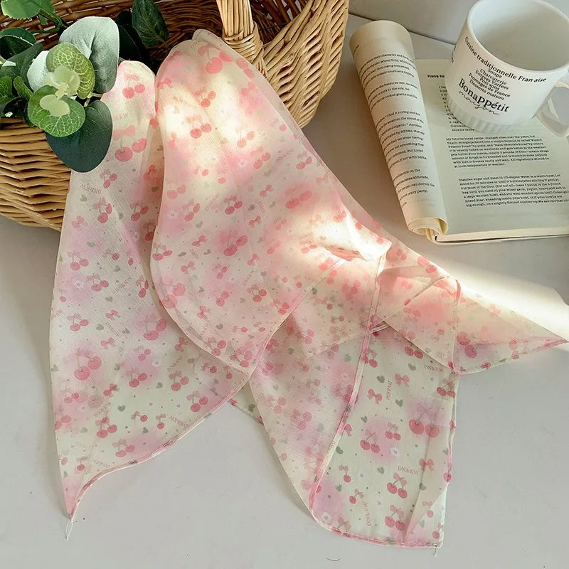 vzyzv  -  French Floral Headscarf Spring Summer Artistic Chiffon Square Scarf Beach Retro Hair Scarf Women Travel Photo  Accessories