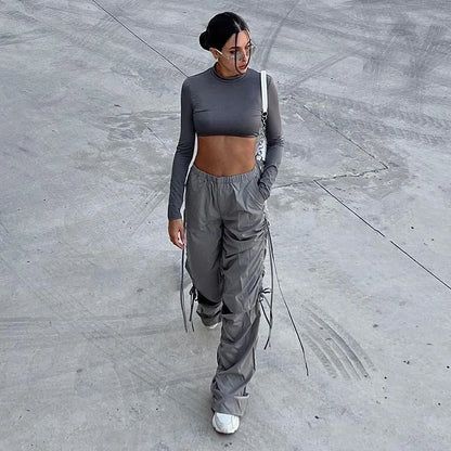 vzyzv -  Spring Summer New Women Pleated Cut Out Drawstring Cargo Pants Street Chic Hip-hop High Waist Casual Trendy baggey Trousers