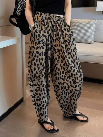 nvxiot  -  Leopard Print Wide Leg Cropped Pants For Women'S Summer Chiffon Loose Elastic Waist Thin Casual Harlan Pants