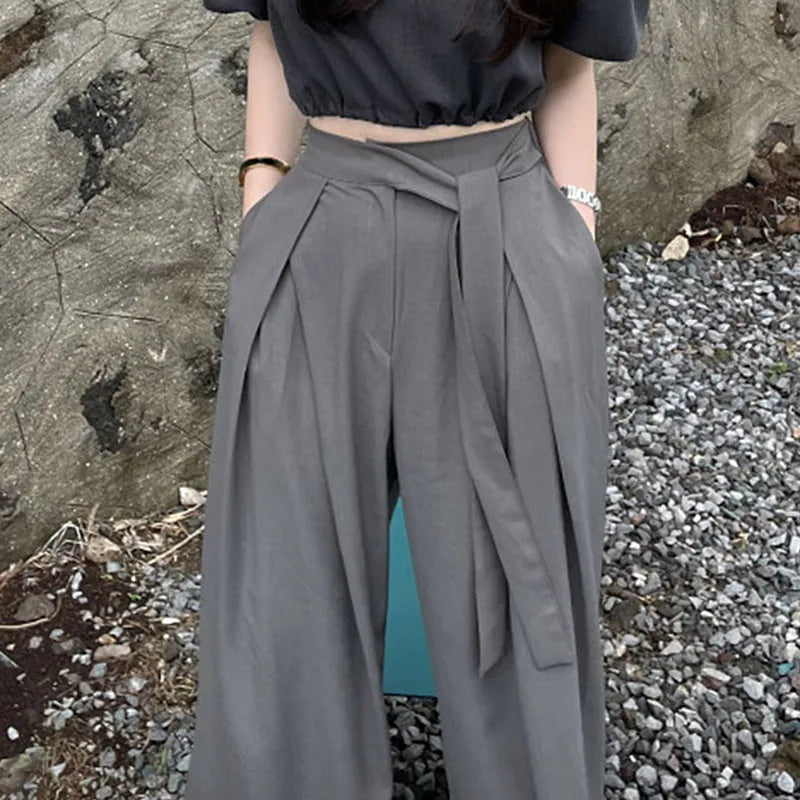 nvxiot  -  Fashion Women Wide Leg Pants Korea Chic High Waist Loose Mopping Suit Pants Elegant Lady Pleated Belt Strap Black Loose Trousers