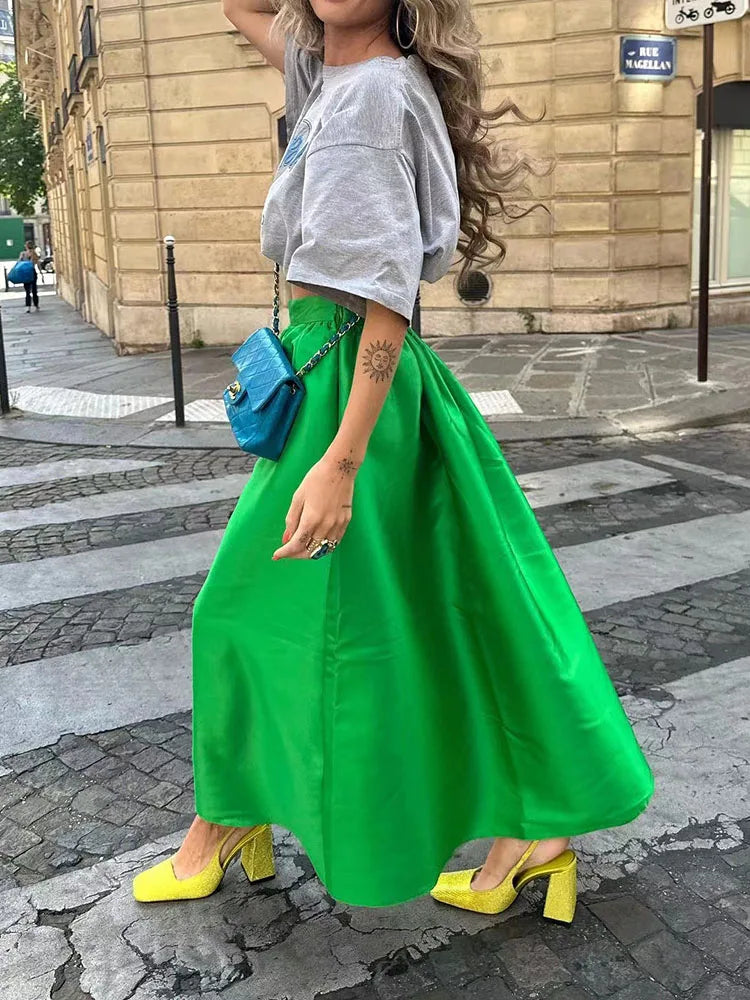 vzyzv -  Silk Patchwork High Waist Long Skirt Women's Summer Solid Color Skirt Fashion Simple Loose New Women's Long Skirt 2024