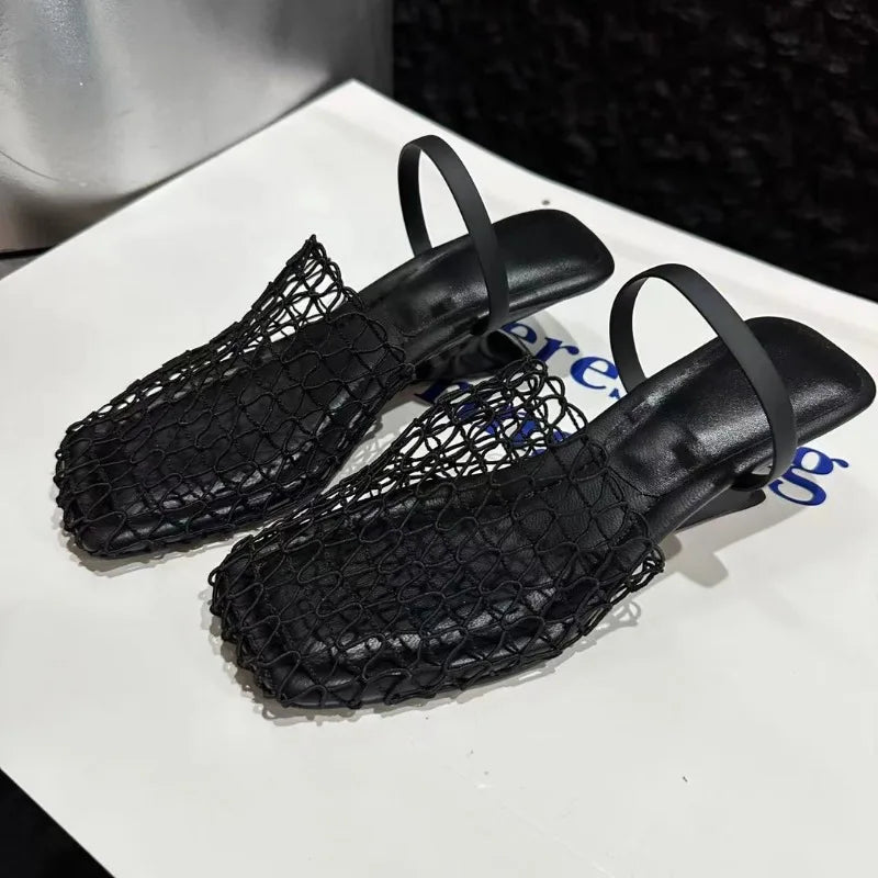 TAVIMART  -  2024 Summer High Quality Woven Hollow Black Fishing Net Breathable Slippers To Wear Sexy Square Head Women's Sandals