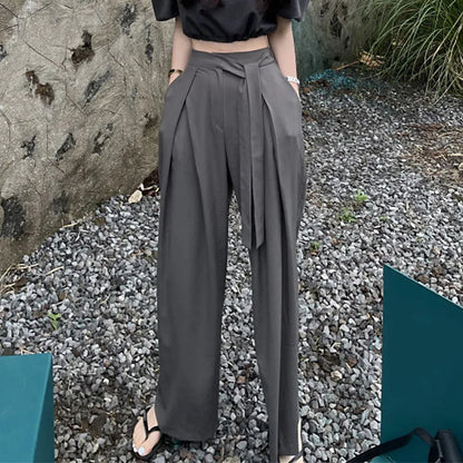 nvxiot  -  Fashion Women Wide Leg Pants Korea Chic High Waist Loose Mopping Suit Pants Elegant Lady Pleated Belt Strap Black Loose Trousers