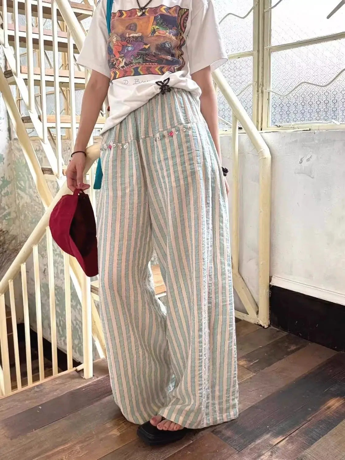 vzyzv  -  Korean Style Striped Sleeping Long Pants Women Clothing Summer 2024 New Loose Casual Homewear Sweatpants Walking Casual Pants