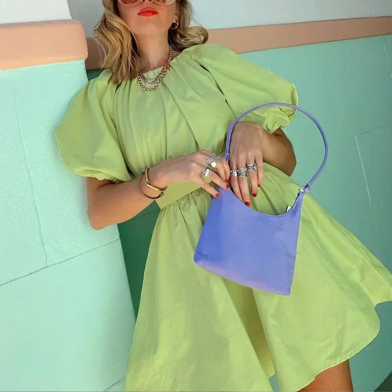 nvxiot  -  Green Puff Sleeve Elegant Woman Summer Shirt Dresses Female Zipper Fashion Spring Vintage Sexy Backless Casual Vestido  New