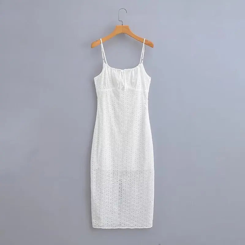 vzyzv  -  Vintage Cotton White Embroidery Strap Lace Dress Women Sexy See through Sleeveless Boho Beach Dresses Summer Vestidos