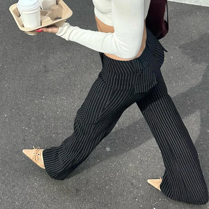 vzyzv  -  Y2K Streetwear Fashion Black Stripe Women Trousers Low Waisted Elegant Flared Pants Chic Ladies Full Length Outfits