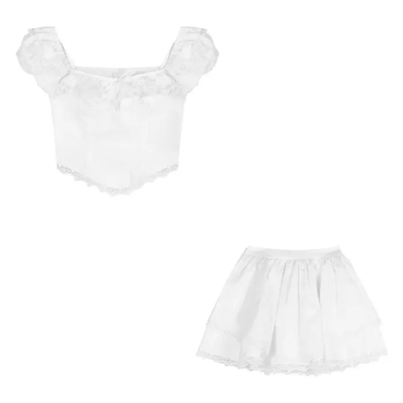 nvxiot  -  Hotsweet White 2 Piece Sets Womens Summer Lace Tied Square Neck Top and Short Mini Skirt Suits Sexy Two-piece Matching Outfits