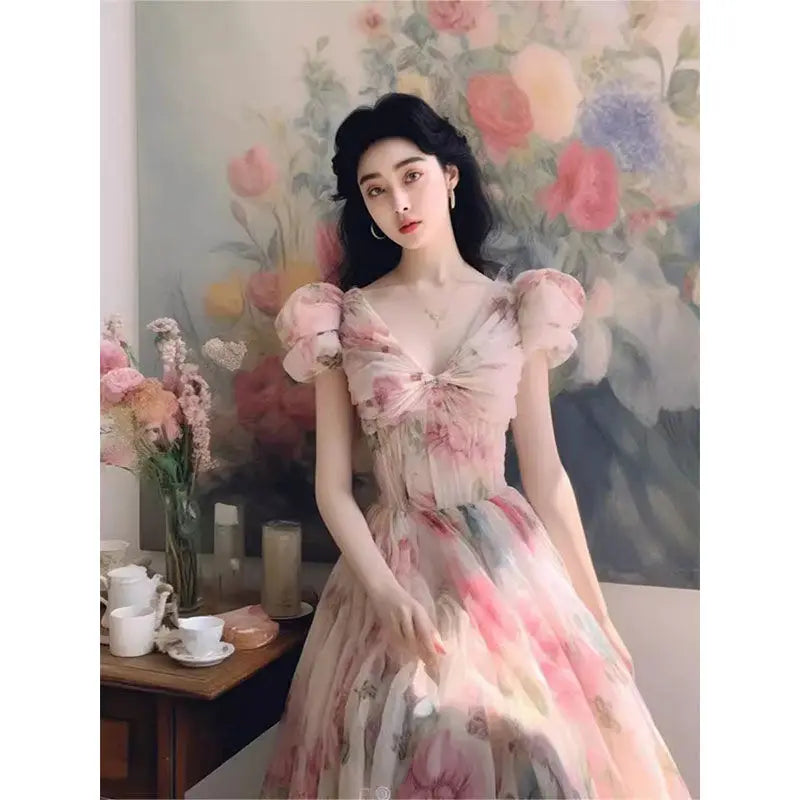 vzyzv -  High end French Hepburn Style Unique Pink Flower Long Dress Summer Sweet Bubble Sleeve Waist Slimming Vintage Dress for Women