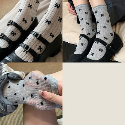 vzyzv -  Summer Thin Bow Dot Lace Mid Tube Socks Versatile Mesh Hollow College Style Sweet Stacked Socks Japanese JK Calf Socks for Women